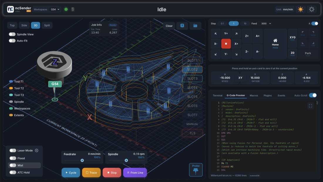 The ncSender desktop: 3D visualizer with a loaded toolpath, jog controls, DRO and job controls